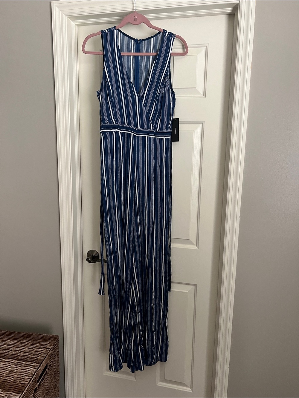 Lulu's Navy and White Striped Sleeveless Wrap Jumpsuit